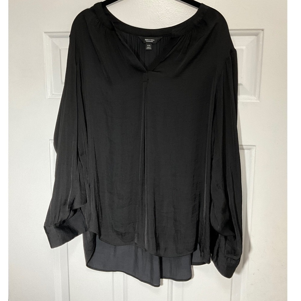 Simply Vera Vera Wang Black Roll Tab Sleeve Blouse XXL Split Neck High Low Hem